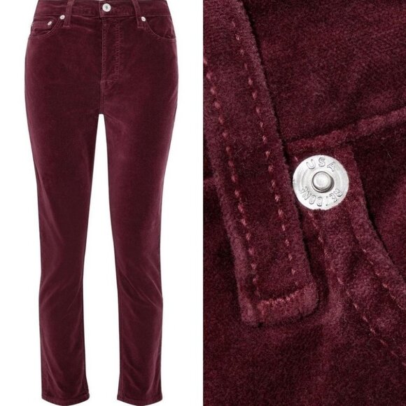 RE/DONE Burgundy Velvet Skinny Pants Button Fly Pants Size 29‎ Slim Velour Slim - Picture 2 of 12